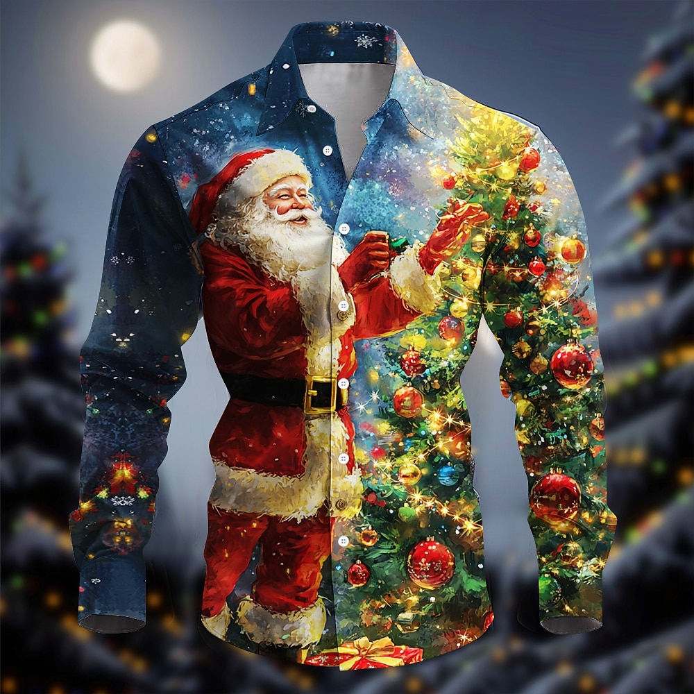 Men's Santa Claus Shirt Button Up Shirt Long Sleeve Casual Party Evening Wear Daily Fall Winter Spring & Summer Shirt Collar Button Up 3D Print White Red Blue Purple