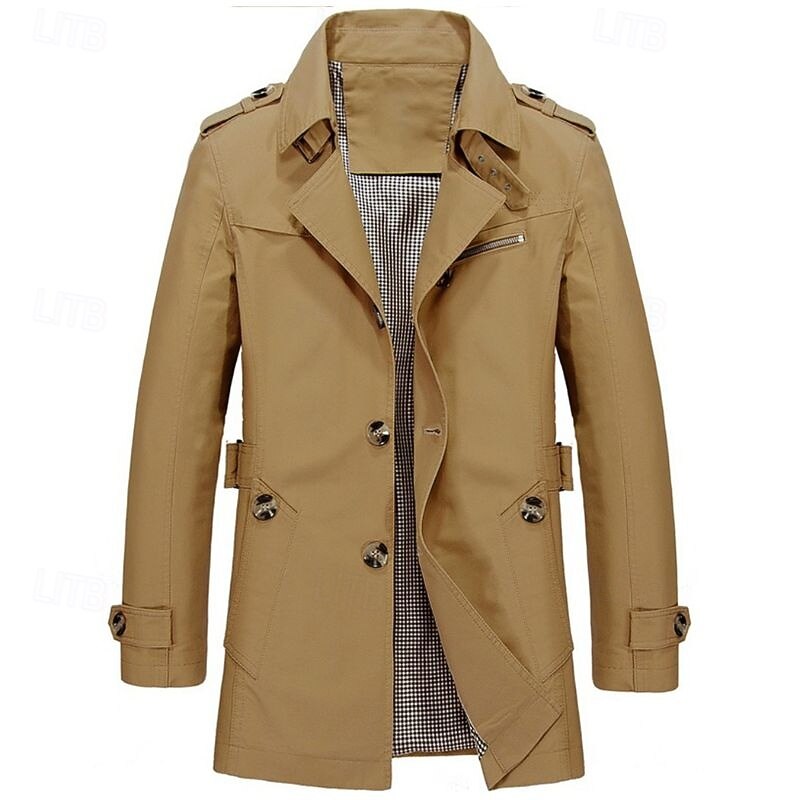 Men's Transition Jacket Trench Coat Going out All Seasons Windbreaker Outerwear Clothing Apparel Solid Colored Button-Down Turndown Single Breasted