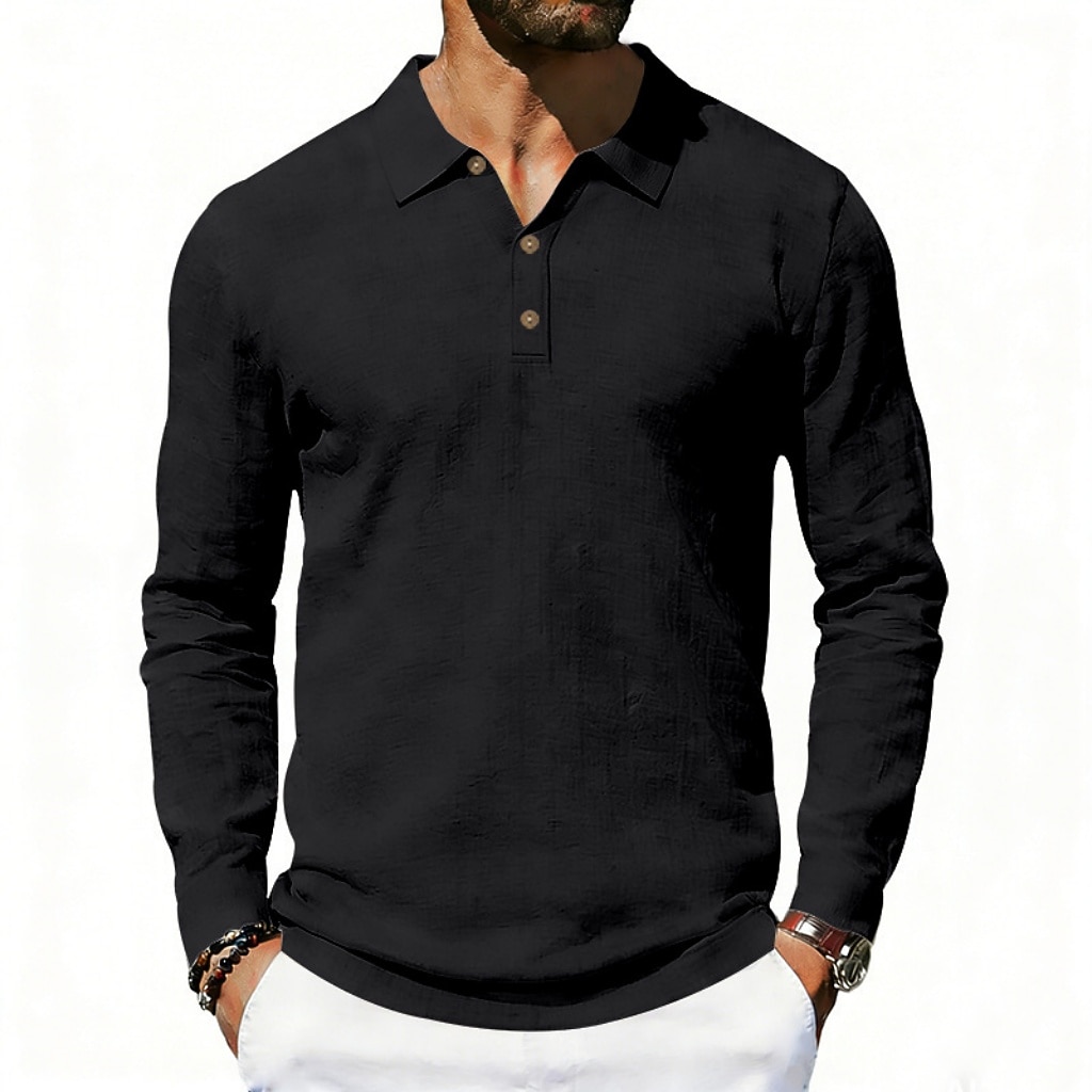 Men's Linen Shirt Polo Shirts Casual Street Lapel Long Sleeve Basic Modern Plain Buttons Spring Fall Regular Fit Black White Navy Blue Khaki Dark Grey Army Green Linen Shirt