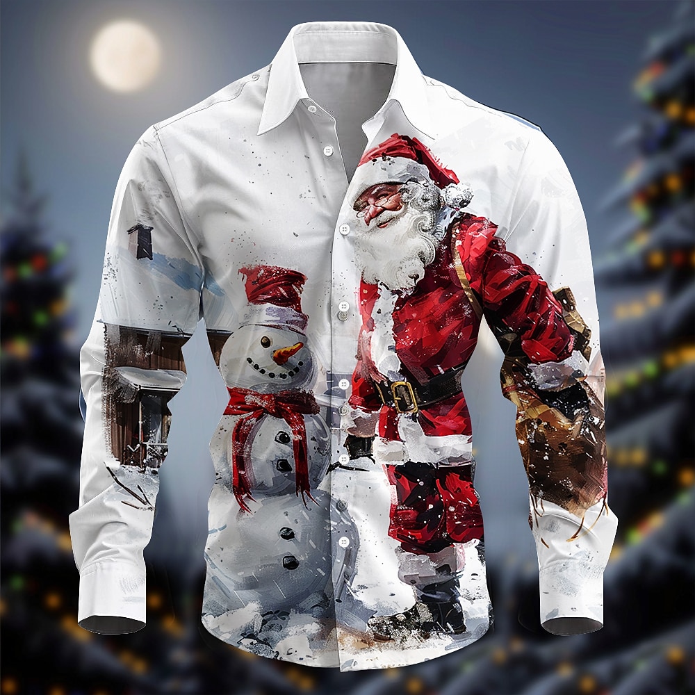 Men's Santa Claus Shirt Button Up Shirt Long Sleeve Casual Party Evening Wear Daily Fall Winter Spring & Summer Shirt Collar Button Up 3D Print White Red Blue Purple