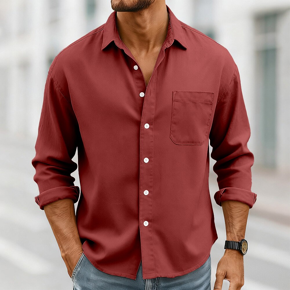 Men's Shirt Casual Shirt Button Up Shirt Black White Pink Red Navy Blue Long Sleeve Plain Lapel Casual Daily Front Pocket Clothing Apparel Elegant Fashion Casual