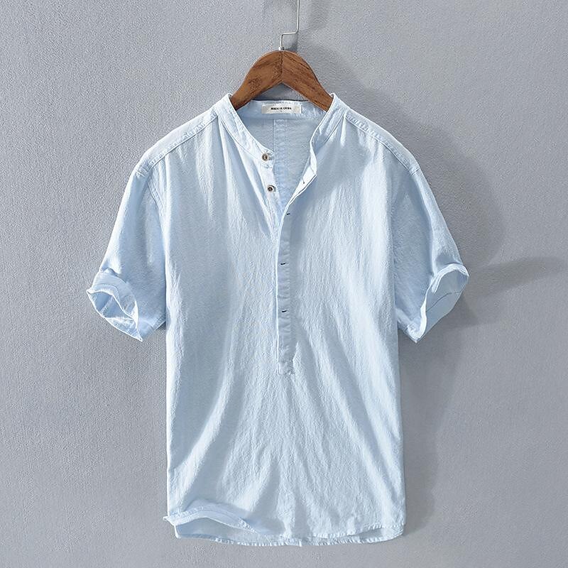 Men's Linen Shirt Shirt Summer Shirt Beach Shirt White Royal Blue Light Blue Short Sleeve Plain Stand Collar Summer Street Hawaiian Clothing Apparel