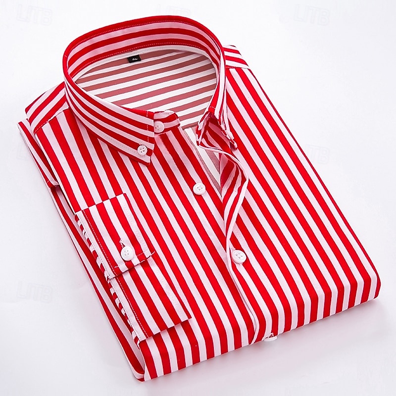 Men's Dress Shirt Striped Shirt Button Down Shirt Collared Shirt Striped Wedding Back to Office Black White Red Navy Blue Long Sleeve Clothing Apparel