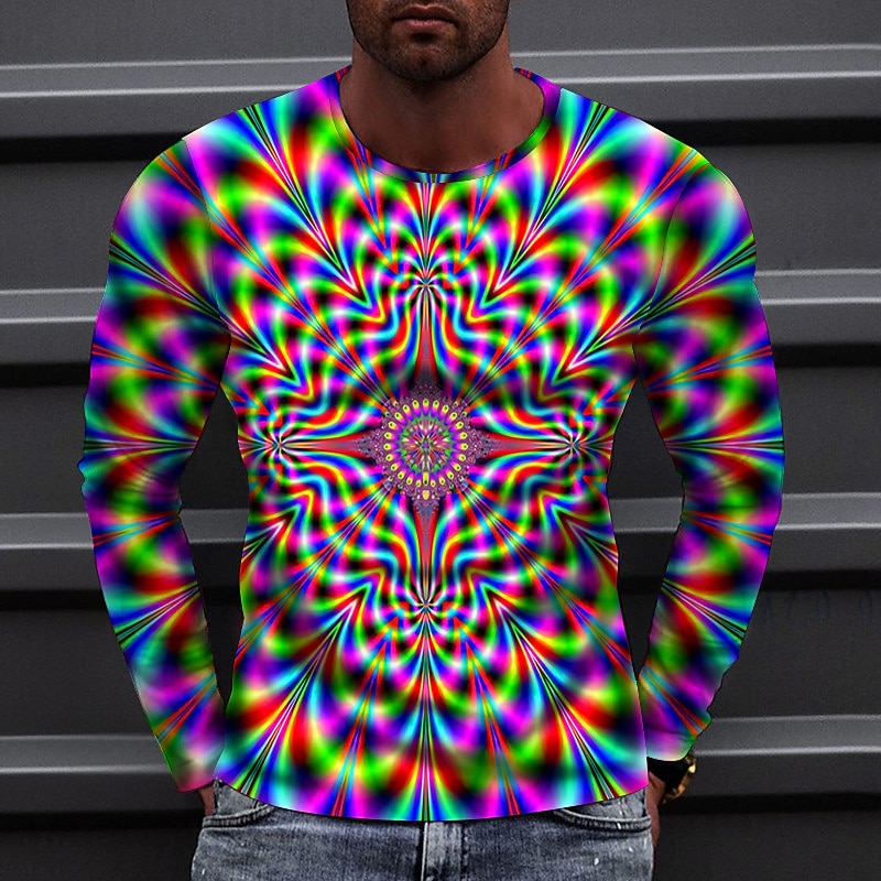 Men's Optical Illusion Graphic Prints T Shirt Long Sleeve T shirt 3D Print Crew Neck Shirt Sports Designer Basic Daily Outdoor Street Blue A B Spring &  Fall Clothing Apparel S M L XL XXL 3XL 4XL