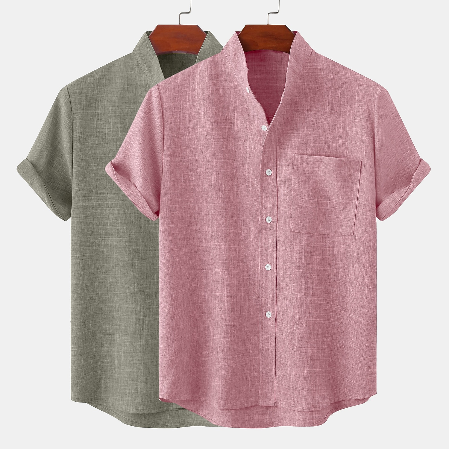 Men's Linen Shirt Summer Shirt Beach Wear Casual Shirt Band Collar Shirt Plain Vacation Casual White+Yellow Pink+Yellow White+Green Gray+Pink Short Sleeve Mandarin Collar Summer Spring & Summer