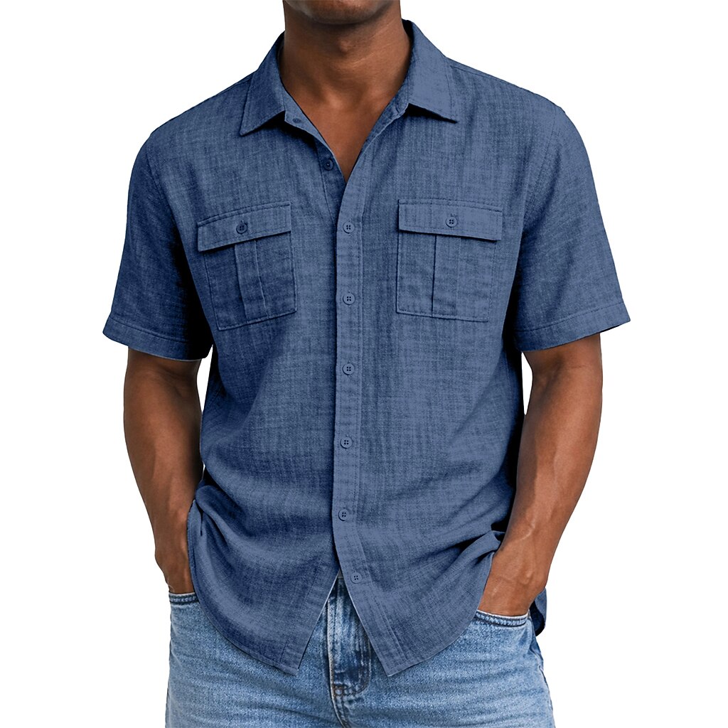 Men's Shirt Linen Shirt Summer Shirt Beach Wear Button Up Shirt Solid Color Casual Vacation Black Navy Blue Sky Blue Green Short Sleeve Turndown Summer Spring Clothing Apparel Front Pocket
