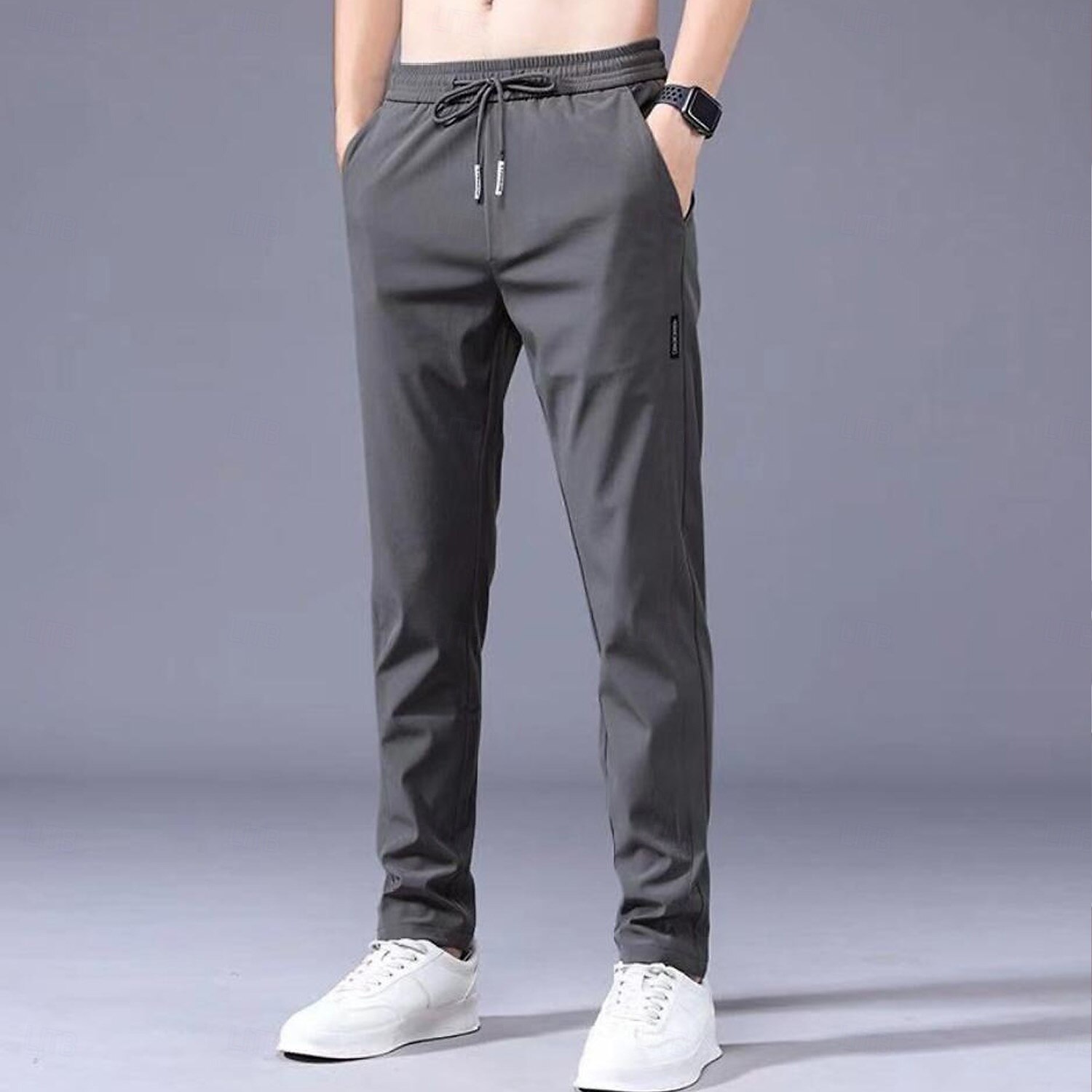 Men's Trousers Casual Pants Drawstring Elastic Waist Solid Color Breathable Quick Dry Formal Weekend Classic Casual / Sporty Slim Black 1 dark grey 1