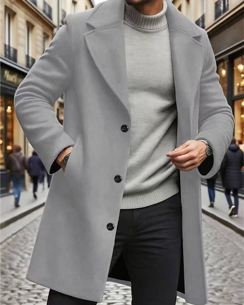 Men's Overcoat Trench Coat Long Trench Coat Vacation Daily Fall Winter Windproof Warm Outerwear Clothing Apparel Fashion Classic Plain Pocket Lapel Single Breasted One-button