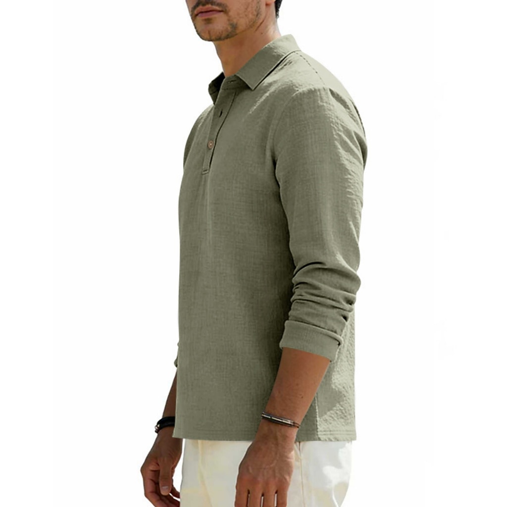 Men's Linen Shirt Polo Shirts Casual Street Lapel Long Sleeve Basic Modern Plain Buttons Spring Fall Regular Fit Black White Navy Blue Khaki Dark Grey Army Green Linen Shirt