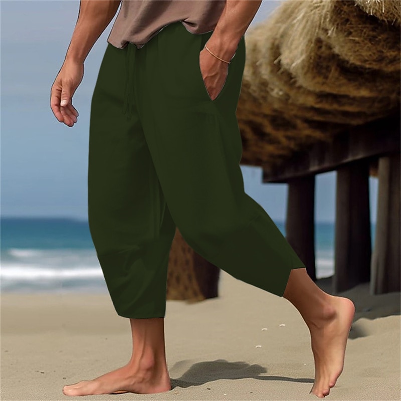 Men's Linen Pants Capri Pants Pocket Drawstring Elastic Waist Plain Comfort Breathable Calf-Length Vacation Daily Holiday Hawaiian Boho ArmyGreen Black