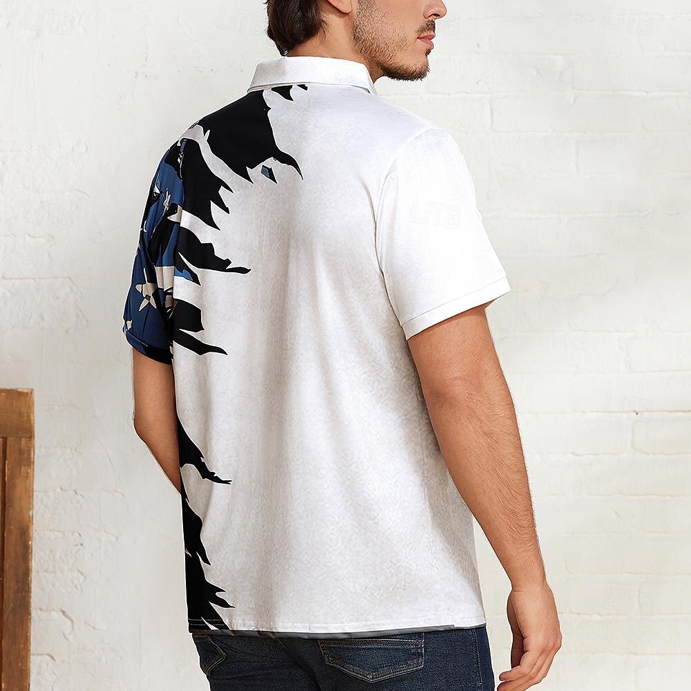 Men's Polo Shirt Golf Shirt American Flag Turndown White & Blue Custom Print White Navy Blue Blue 3D Print Street Daily Short Sleeve 3D Button-Down Clothing Apparel Fashion Casual Comfortable