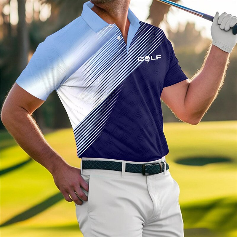 Men's Polo Shirt Lapel Polo Button Up Polos Golf Shirt Striped Letter Graphic Prints Geometry Turndown Blue-Green Red Blue Orange Green Outdoor Street Short Sleeves Print Clothing Apparel Sports