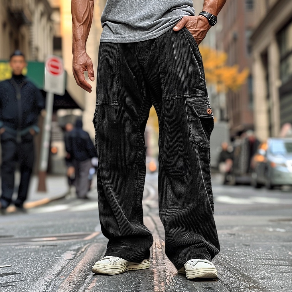 Men's Cargo Pants Corduroy Pants Trousers Casual Pants Pocket Elastic Waist Multi Pocket Plain Comfort Soft Full Length Outdoor Daily Going out Fashion Streetwear Black Brown Micro-elastic