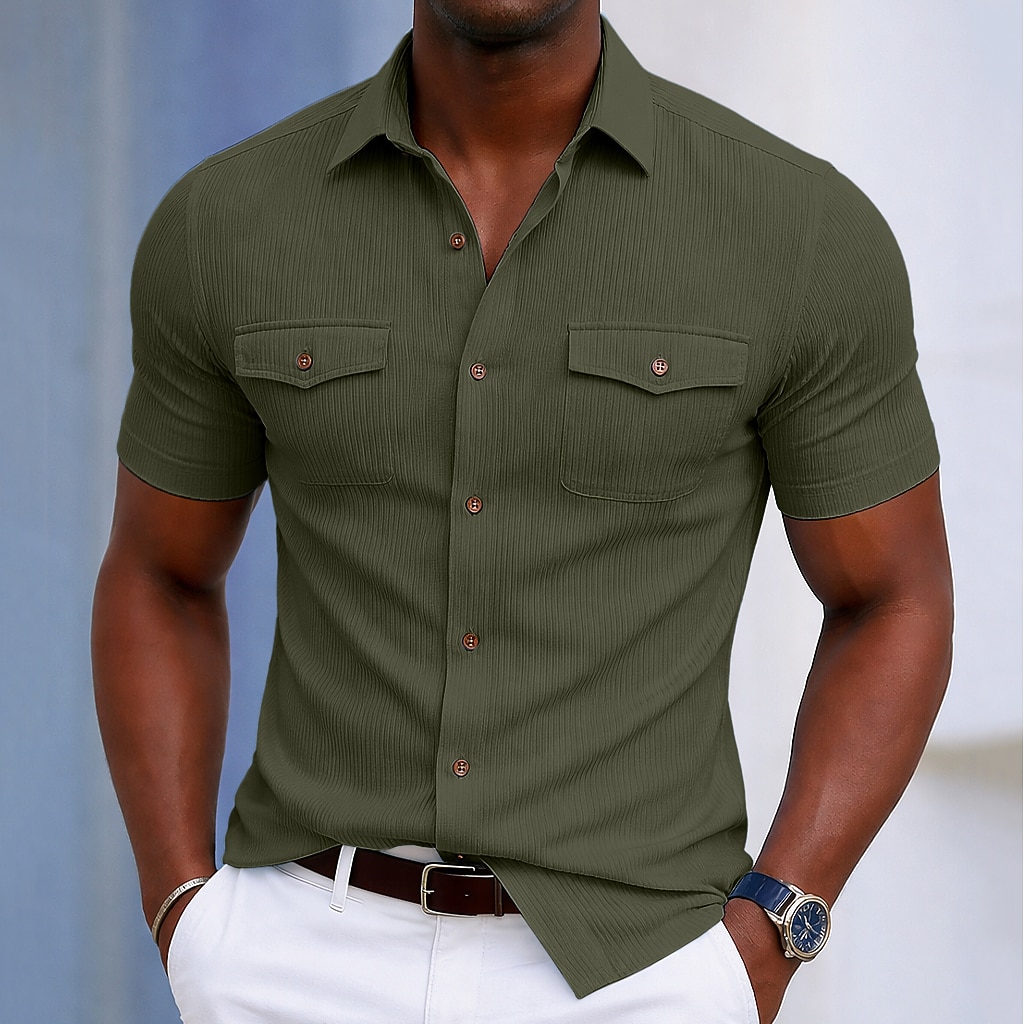 Men's Shirt Casual Shirt Corduroy Shirt Button Up Shirt Black White Yellow Navy Blue Brown Short Sleeve Plain Textured Shirt Collar Casual Daily Front Pocket Clothing Apparel Elegant Fashion Casual