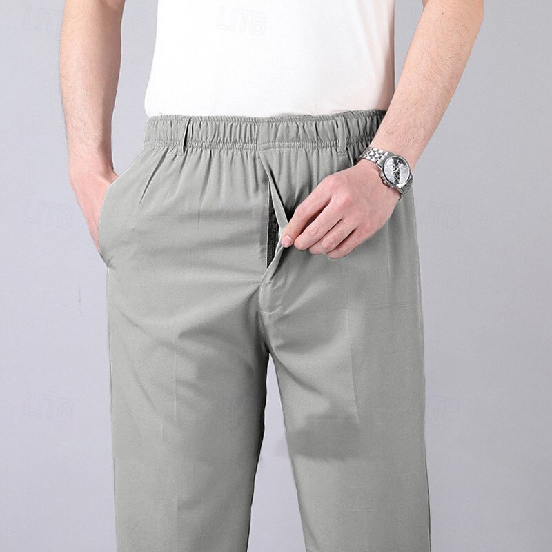 Men's Trousers Casual Pants Pocket Elastic Waist Solid Color Comfort Breathable Full Length Daily Stylish Classic Style Black Navy Blue Micro-elastic