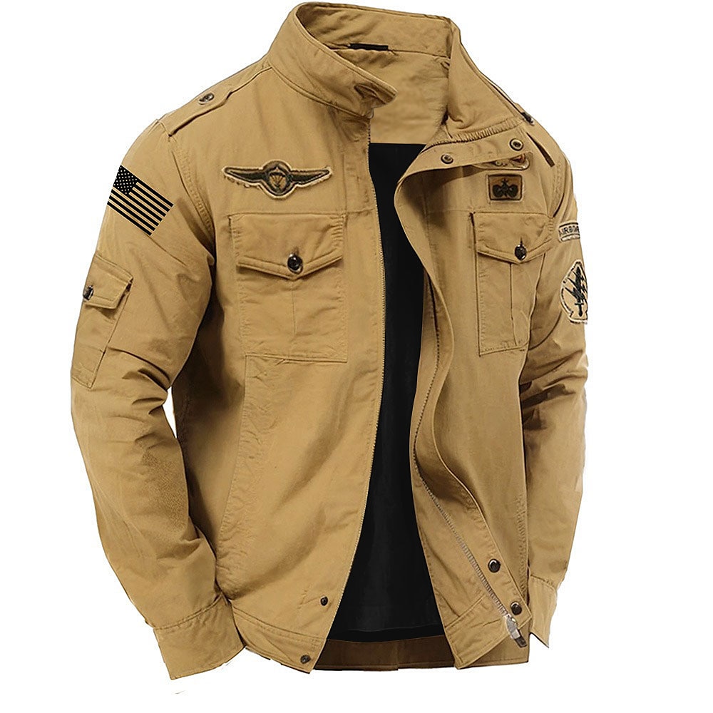 Men's Cotton Embroidered Military Jacket with Shoulder Straps Long Sleeve Standing Collar Multi-Pockets Trucker Jacket US Flag Print Tactical Outerwear
