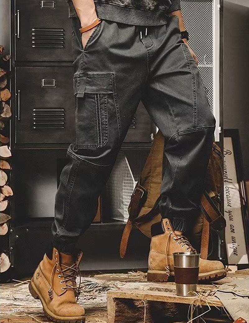 Men's Cargo Pants Cargo Trousers Techwear Pocket Drawstring Elastic Waist Plain Comfort Breathable Outdoor Daily Going out Cotton Blend Fashion Casual Black Khaki