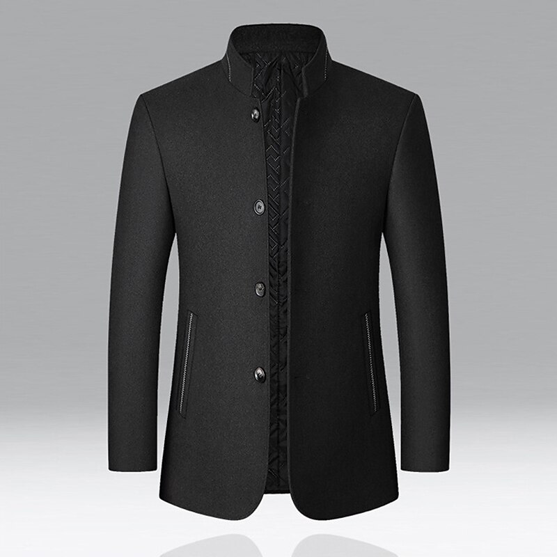 Men's Peacoat Trench Coat Vacation Daily Fall Winter Windproof Outerwear Clothing Apparel Fashion Classic Plain Pocket Stand Collar Single Breasted