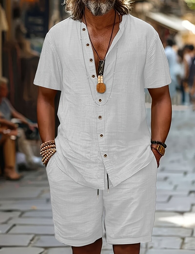 2-Piece Men's Cotton Linen Shirt and Short Set Summer Set And Shorts Set Plain Casual Daily Vacation V Neck Short Sleeves Summer Spring Fashion Casual Comfortable Clothing Apparel