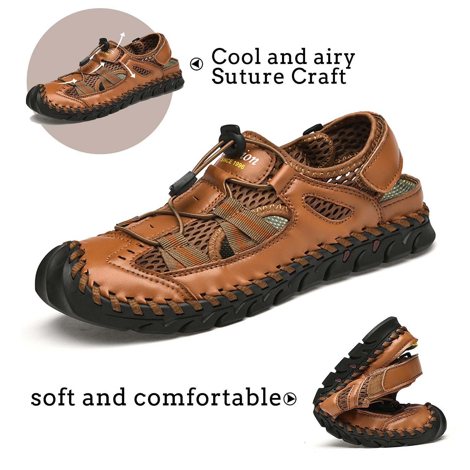 Men's Leather Sandals Handmade Shoes Closed Toe Sandals Casual Beach Outdoor  Mesh Breathable Elastic Band Shoes Red-brown Black Green Summer