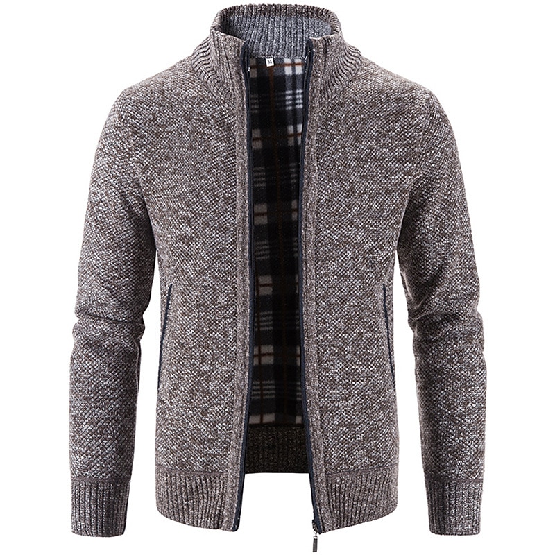 Men's Sweater Cardigan Sweater Zip Sweater Sweater Jacket Fleece Sweater Knit Solid Color Stand Collar Essential Casual Clothing Apparel Winter Black Burgundy S M L