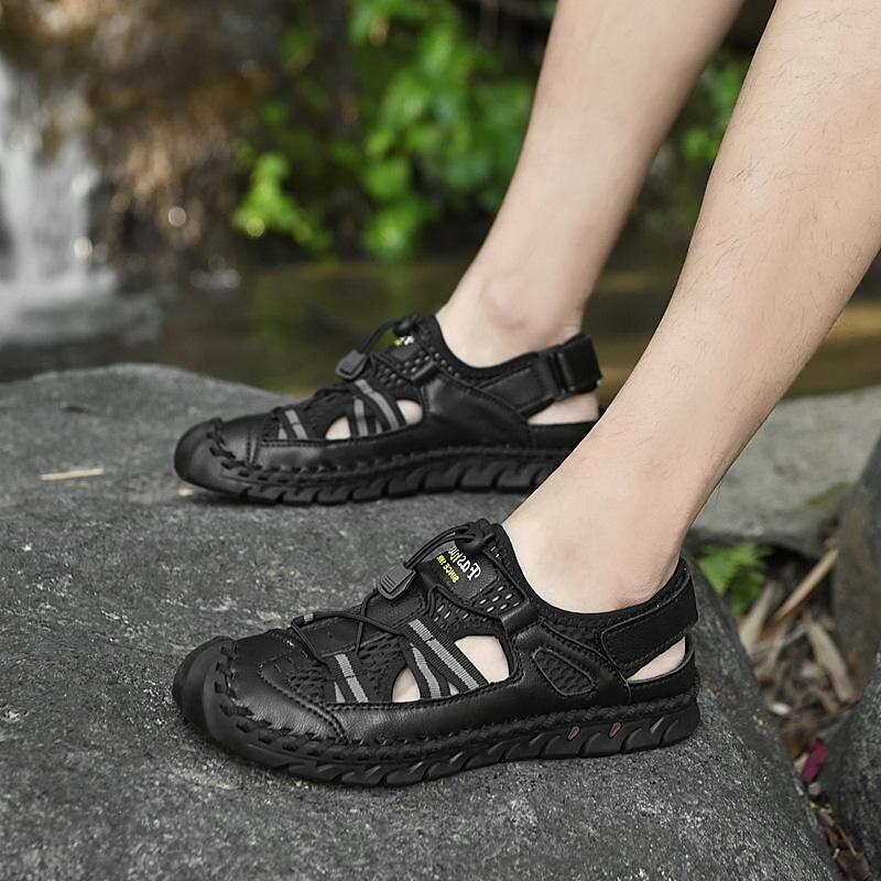 Men's Leather Sandals Handmade Shoes Closed Toe Sandals Casual Beach Outdoor  Mesh Breathable Elastic Band Shoes Red-brown Black Green Summer