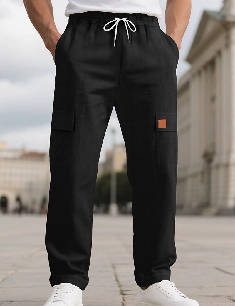 Men's Linen Pants Trousers Summer Pants Beach Pants Drawstring Elastic Waist Solid Color Comfort Breathable Full Length Daily Outdoor Beach Vacation Fashion Black White Inelastic