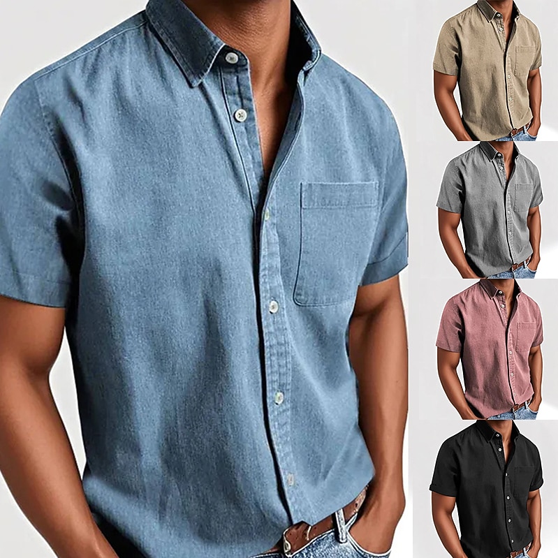 Men's Shirt Casual Shirt Button Up Shirt Black White Pink Red Navy Blue Short Sleeve Plain Lapel Casual Daily Front Pocket Clothing Apparel Elegant Fashion Casual