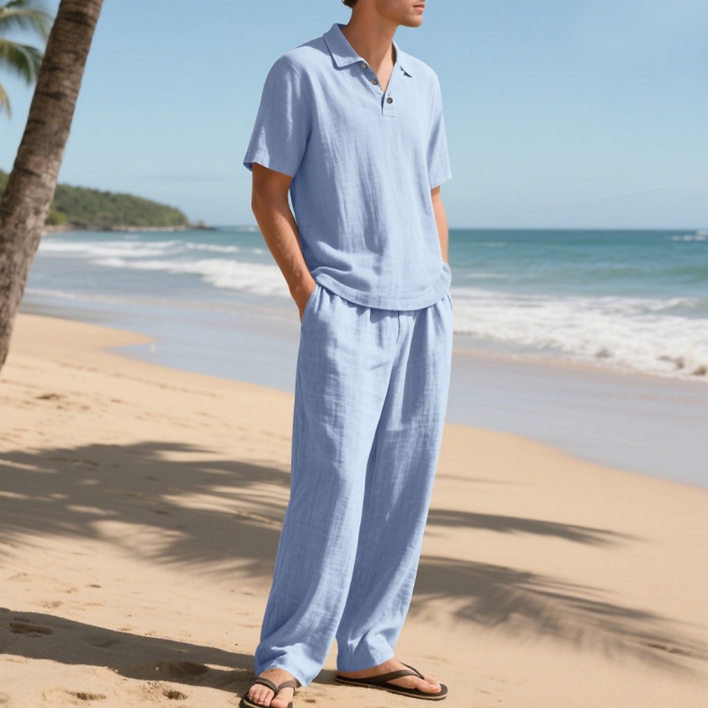 2-Piece Men's Linen Shirt Popover Shirt And Linen Pants Trousers Casual Pants Set Plain Daily Outdoor Beach Turndown Short Sleeve Summer Spring Fashion Casual Comfortable Clothing Apparel