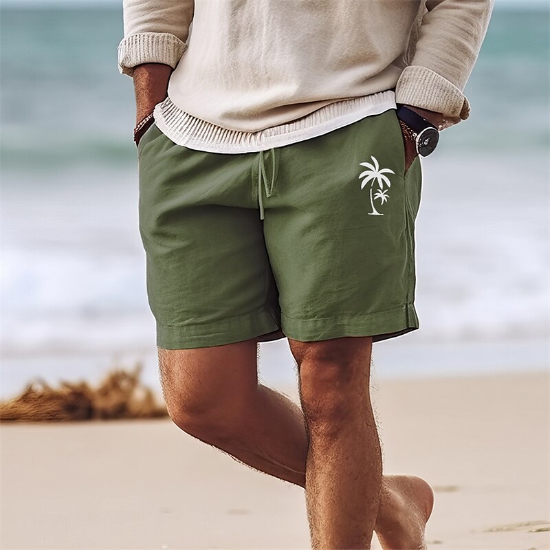 Men's Cotton Shorts Summer Shorts Beach Shorts Print Drawstring Elastic Waist Coconut Tree Comfort Breathable Short Outdoor Holiday Going out Cotton Blend Hawaiian Casual ArmyGreen Black