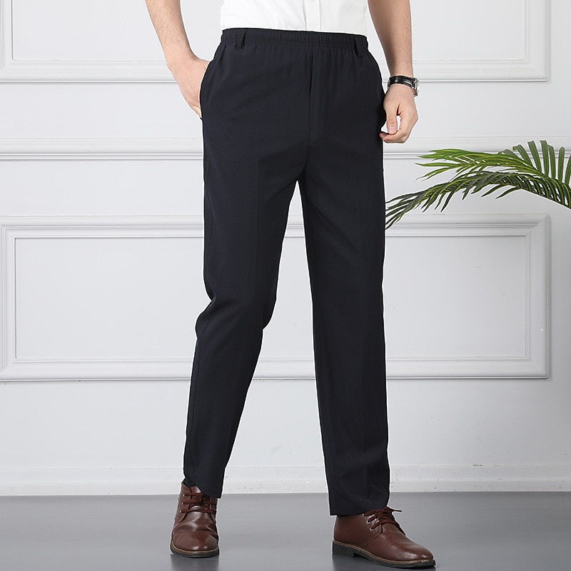 Men's Trousers Casual Pants Pocket Elastic Waist Solid Color Comfort Breathable Full Length Daily Stylish Classic Style Black Navy Blue Micro-elastic