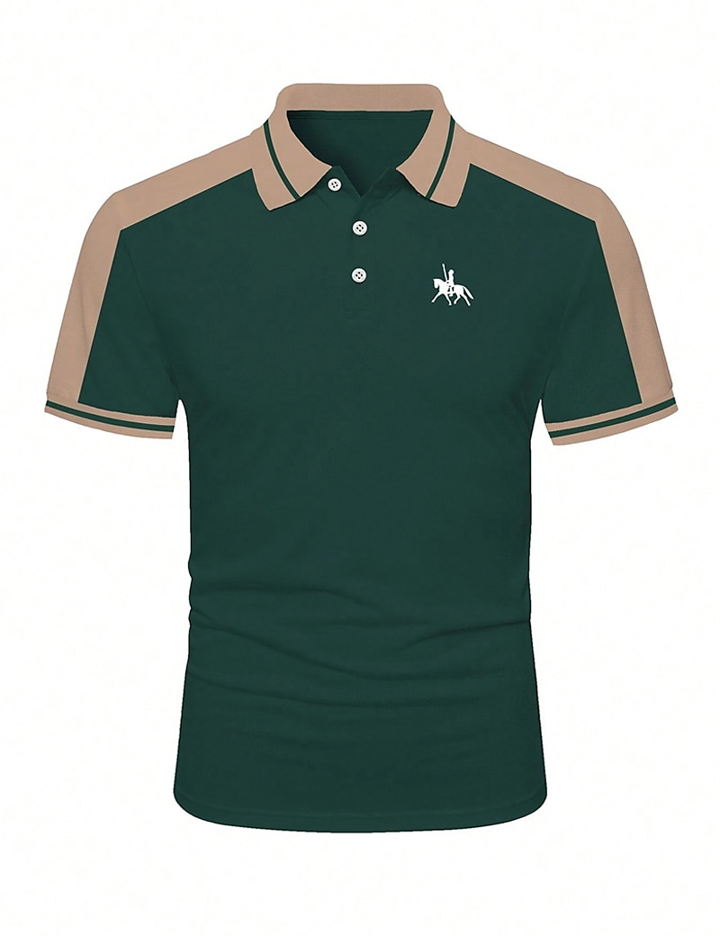 Men's Button Up Casual Holiday Lapel Short Sleeve Fashion Basic Color Block Patchwork Embroidered Summer Regular Fit Polo Shirt