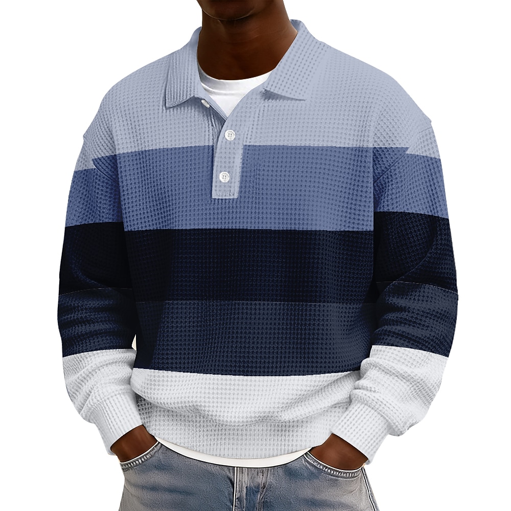 Men's Horizontal Stripes Waffle Polo Shirts Rugby Polo Long Sleeve Polo Shirts Lapel Sportswear Casual School Athleisure Daily Wear 3D Print Spring Fall Winter Blue Pink Brown