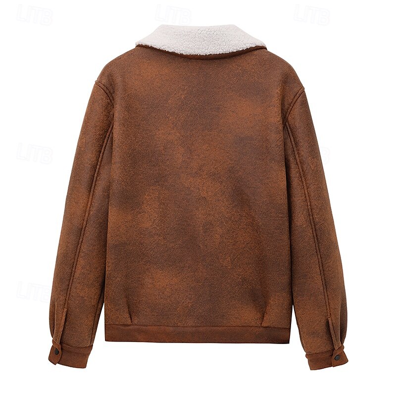 Men's Faux Leather Jacket Winter Jacket Fleece Jacket Sherpa Jacket Daily Vacation Thermal Warm Pocket Fleece Fall & Winter Plain Fashion Streetwear Lapel Regular Black Brown Green Jacket