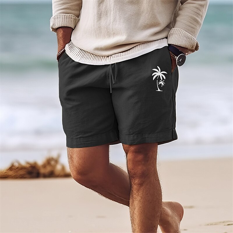 Men's Cotton Shorts Summer Shorts Beach Shorts Print Drawstring Elastic Waist Coconut Tree Comfort Breathable Short Outdoor Holiday Going out Cotton Blend Hawaiian Casual ArmyGreen Black