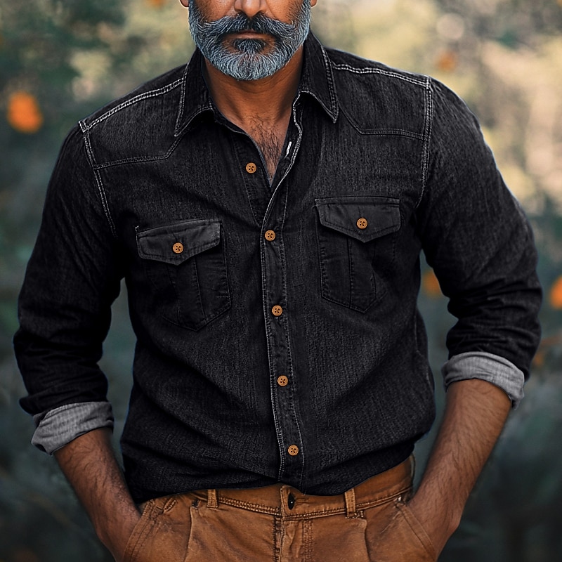 Men's Shirt Chambray Shirt Calico Shirt Casual Shirt Button Up Shirt Denim Shirt Black Navy Blue Blue Light Blue Long Sleeve Plain Collar Vacation Daily Clothing Apparel Fashion Casual