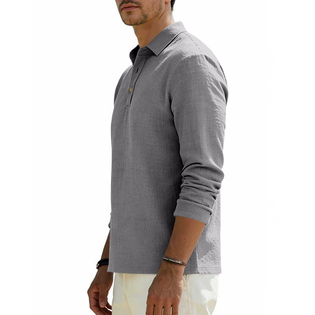 Men's Linen Shirt Polo Shirts Casual Street Lapel Long Sleeve Basic Modern Plain Buttons Spring Fall Regular Fit Black White Navy Blue Khaki Dark Grey Army Green Linen Shirt