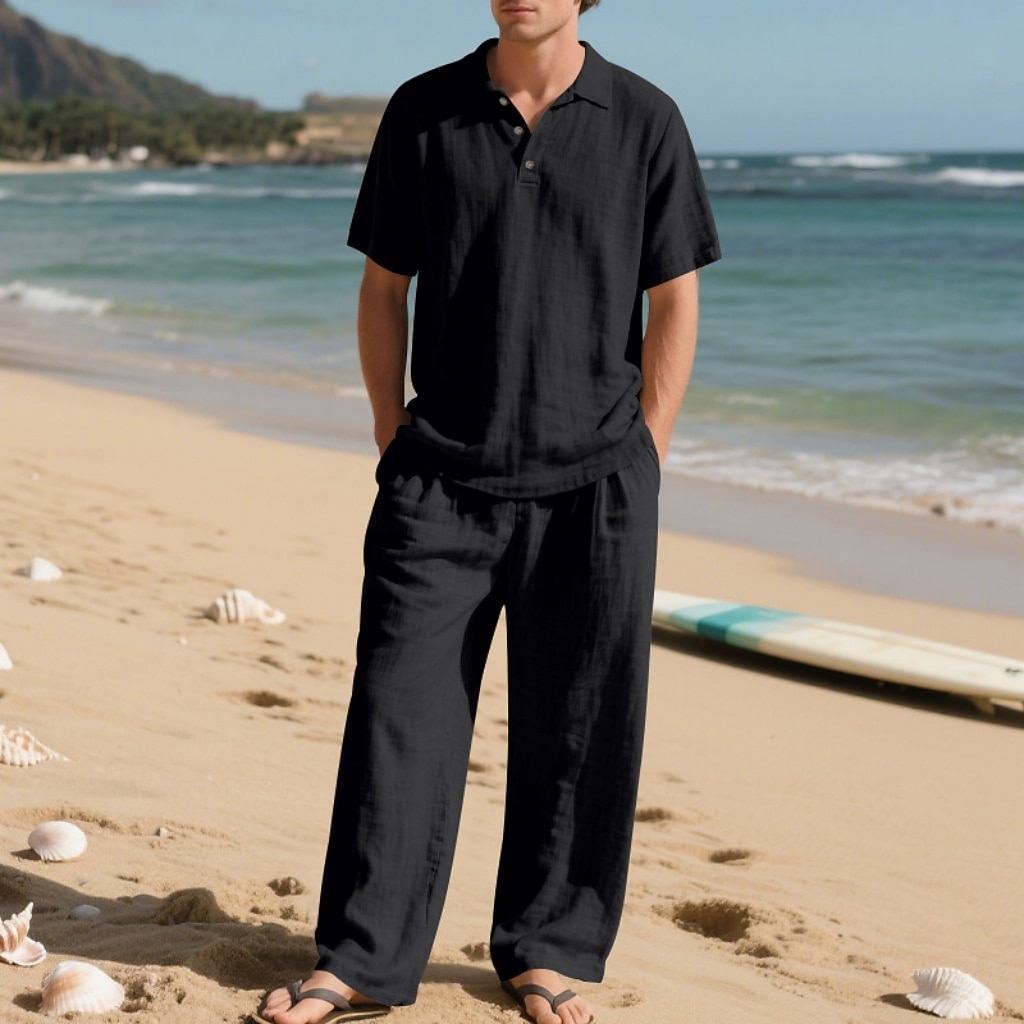 2-Piece Men's Linen Shirt Popover Shirt And Linen Pants Trousers Casual Pants Set Plain Daily Outdoor Beach Turndown Short Sleeve Summer Spring Fashion Casual Comfortable Clothing Apparel