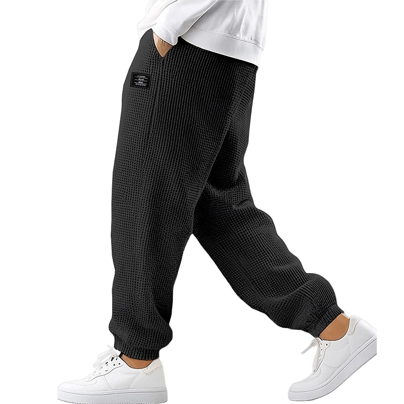 Men's Waffle Sweatpants Joggers Trousers Casual Pants Drawstring Elastic Cuff Solid Color Comfort Full Length Outdoor Daily Streetwear Fashion Chic & Modern Black White Stretchy