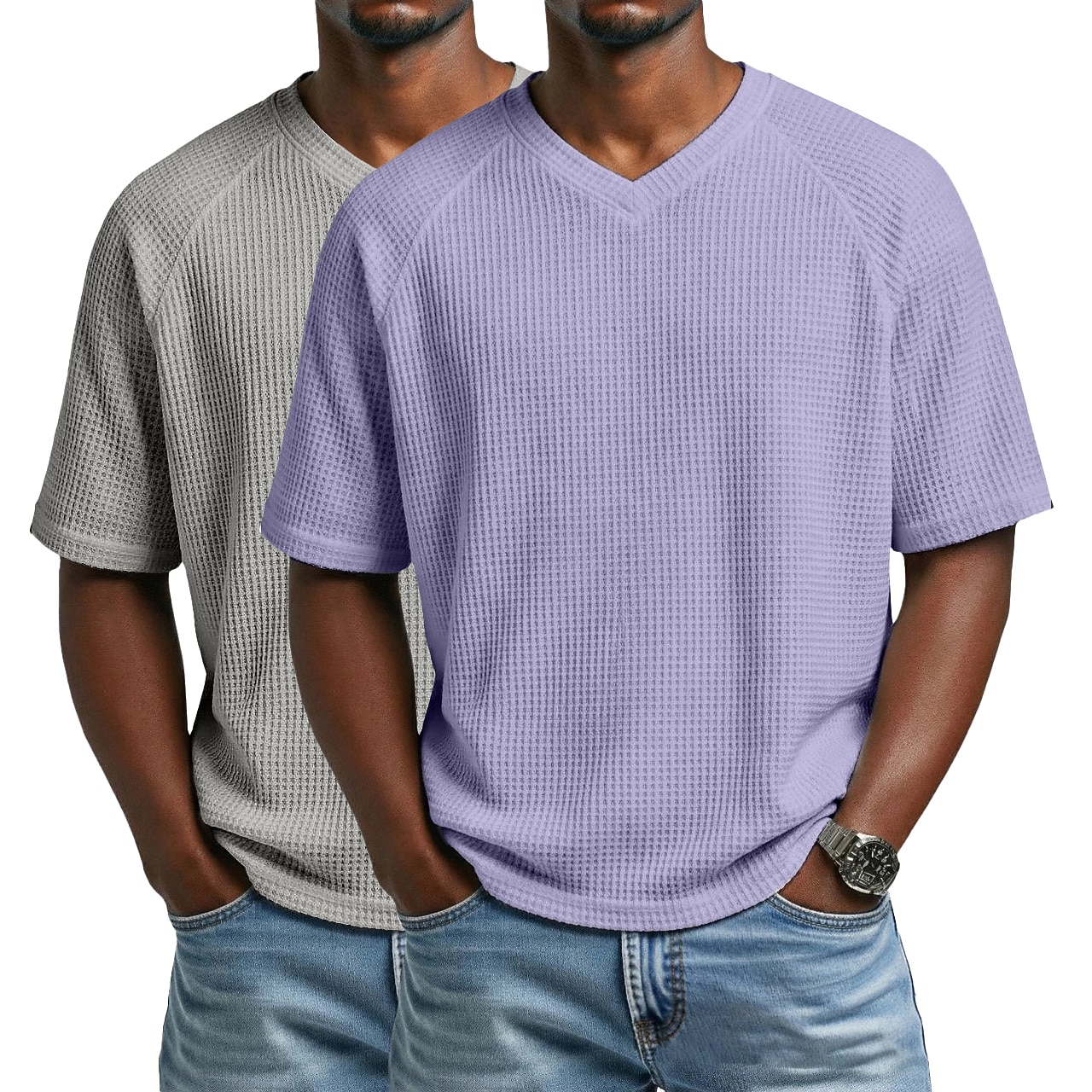 2PCS Men's Waffle T-shirt Tee Top Short Sleeve V Neck Summer Solid Color Textured Fashion Designer Casual 2 Piece Multi-pack Raglan Sleeves Casual Daily Outdoor White Black Top Tee for Men