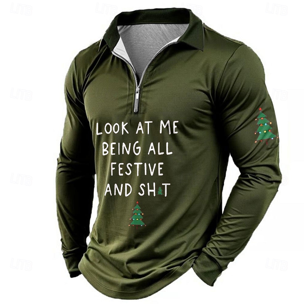 Christmas Men's Tree Zip Polo Long Sleeve Polo Shirts Collar Party Evening Wear Vacation New Years Eve Shirts 3D Print Black Red Blue