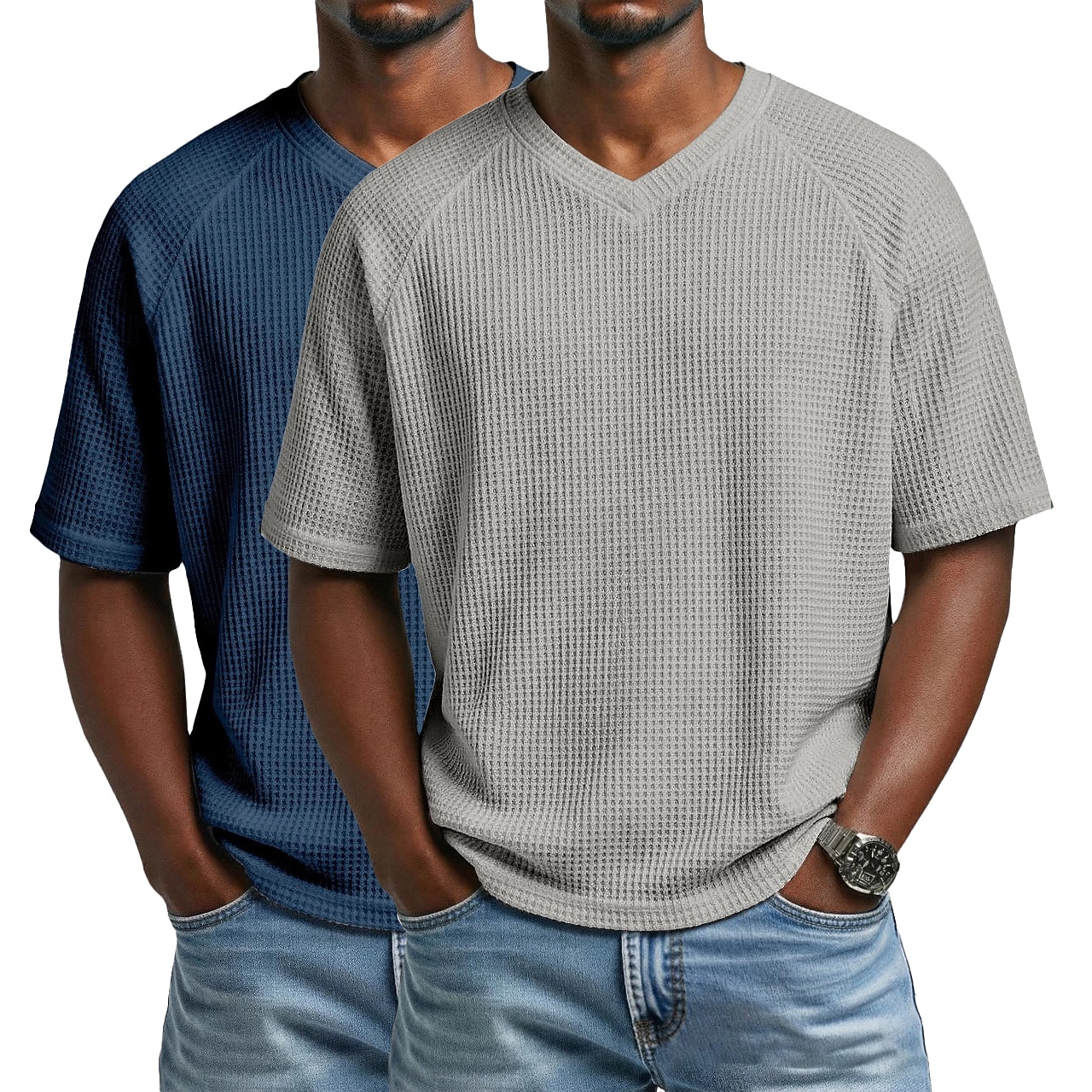 2PCS Men's Waffle T-shirt Tee Top Short Sleeve V Neck Summer Solid Color Textured Fashion Designer Casual 2 Piece Multi-pack Raglan Sleeves Casual Daily Outdoor White Black Top Tee for Men