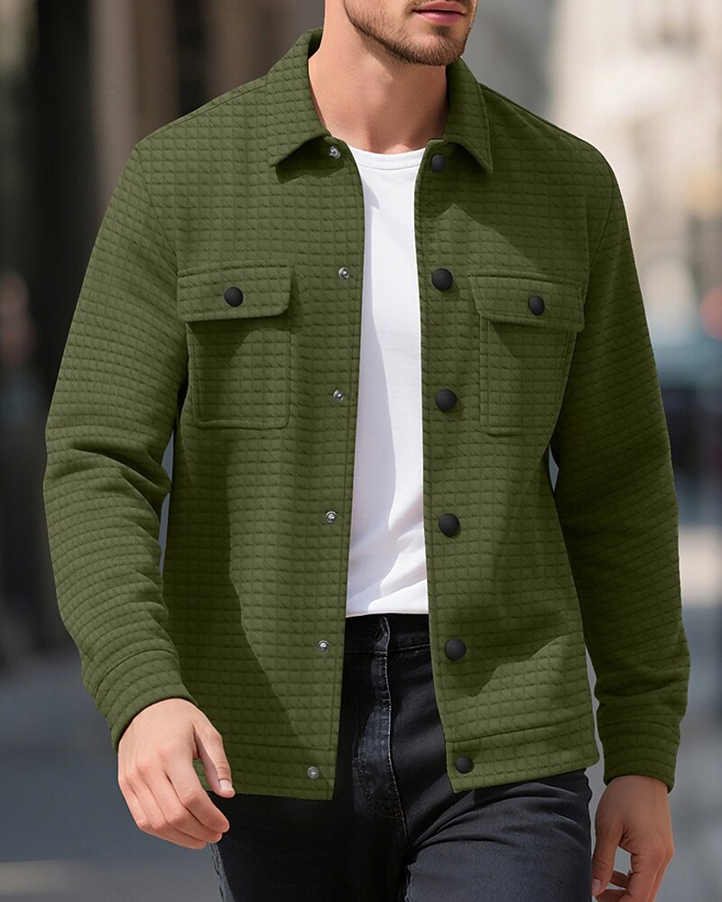 Men's Waffle Jacket Shirt Jacket Casual Jacket Vacation Daily Breathable Jacquard Pocket Spring Fall Plain Fashion Classic Lapel Regular Black White Khaki Army Green Dark Gray Jacket