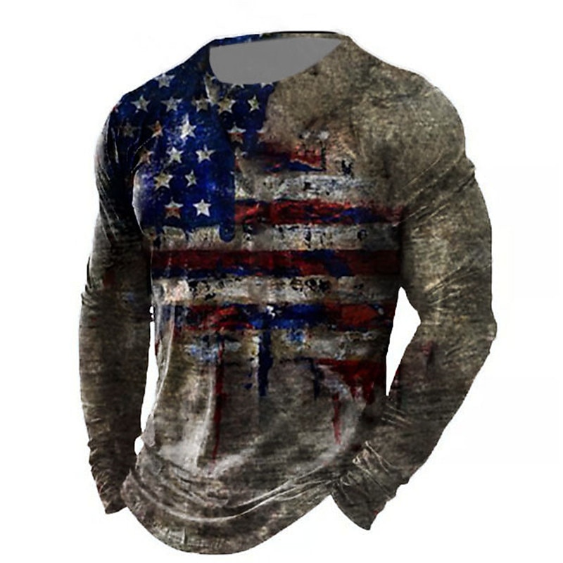 Men's T shirt Tee Distressed T Shirt Graphic Prints American Flag National Flag Crew Neck Khaki + Dark Grey Black White Black / Red Black / Brown 3D Print Outdoor Street Long Sleeve Print Clothing