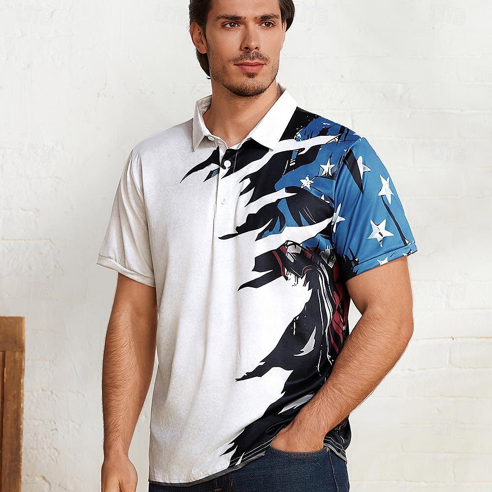 Men's Polo Shirt Golf Shirt American Flag Turndown White & Blue Custom Print White Navy Blue Blue 3D Print Street Daily Short Sleeve 3D Button-Down Clothing Apparel Fashion Casual Comfortable