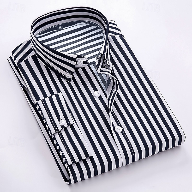 Men's Dress Shirt Striped Shirt Button Down Shirt Collared Shirt Striped Wedding Back to Office Black White Red Navy Blue Long Sleeve Clothing Apparel