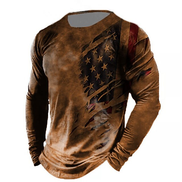 Men's T shirt Tee Distressed T Shirt Graphic Prints American Flag National Flag Crew Neck Khaki + Dark Grey Black White Black / Red Black / Brown 3D Print Outdoor Street Long Sleeve Print Clothing