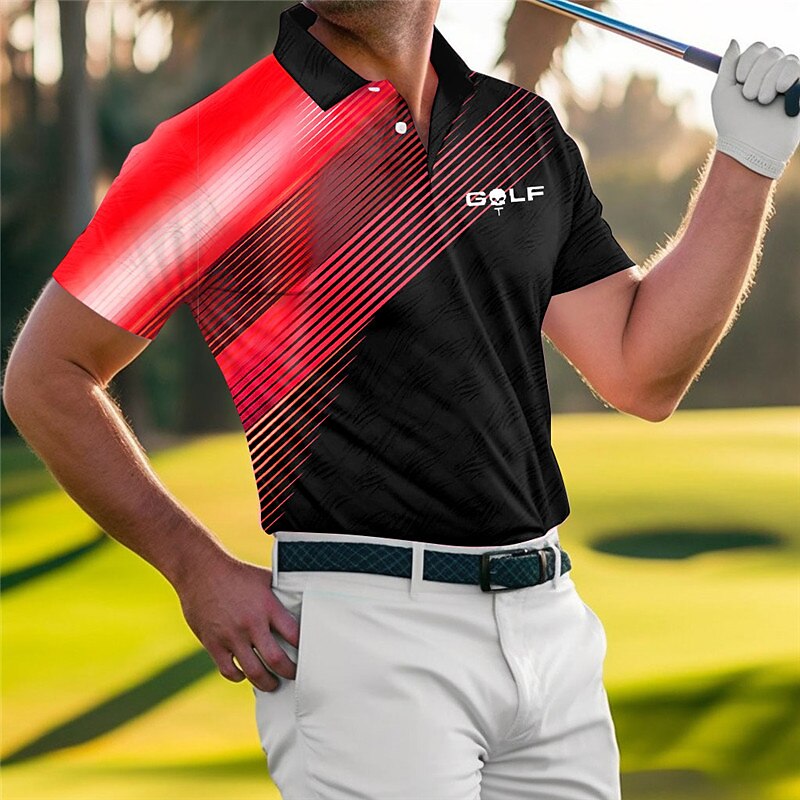Men's Polo Shirt Lapel Polo Button Up Polos Golf Shirt Striped Letter Graphic Prints Geometry Turndown Blue-Green Red Blue Orange Green Outdoor Street Short Sleeves Print Clothing Apparel Sports