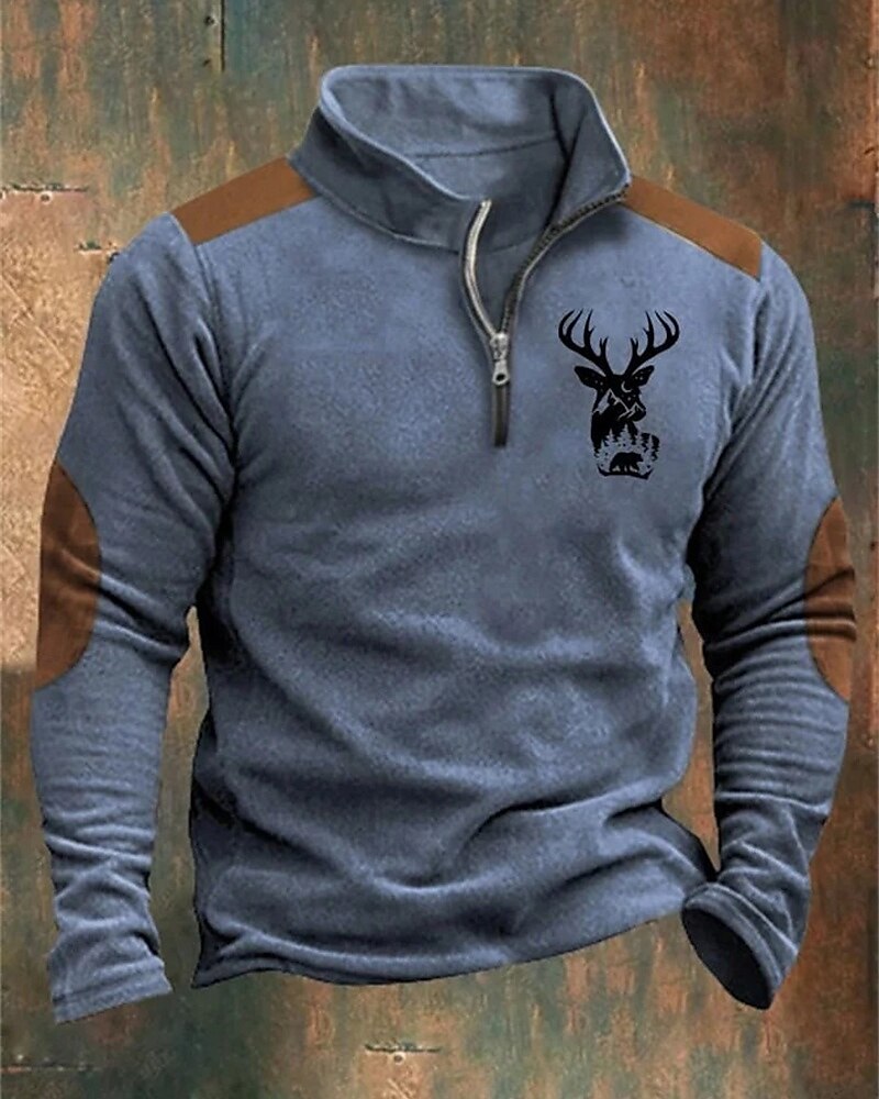 Men's Sweatshirt Quarter Zip Sweatshirt Blue Brown Khaki Light Grey Dark Gray Half Zip Reindeer Print Christmas Daily Holiday Streetwear Casual Fall & Winter Clothing Apparel Hoodies Sweatshirts