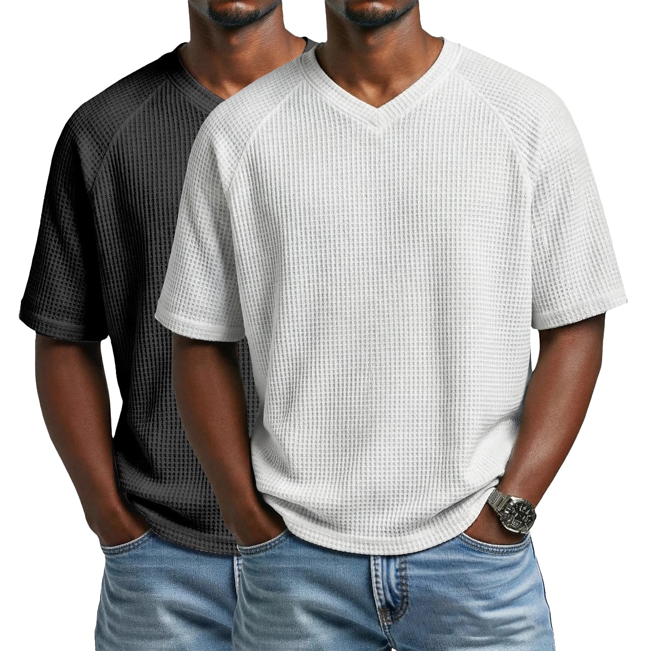 2PCS Men's Waffle T-shirt Tee Top Short Sleeve V Neck Summer Solid Color Textured Fashion Designer Casual 2 Piece Multi-pack Raglan Sleeves Casual Daily Outdoor White Black Top Tee for Men